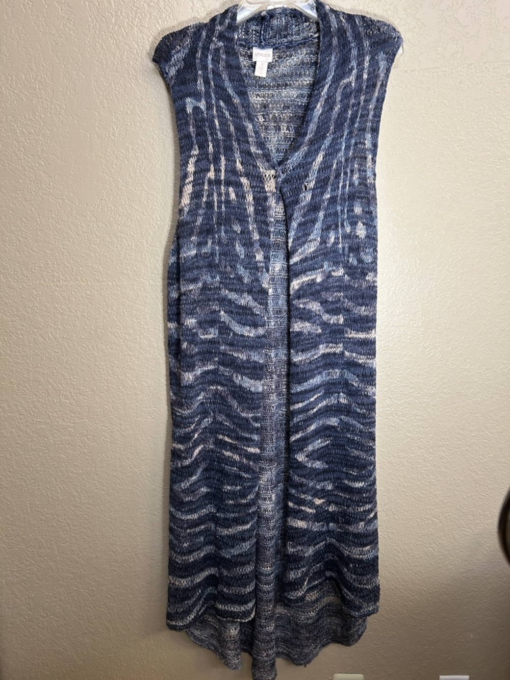 CHICO’S Vienna Maxi Length Bohemian  Open Weave Crochet Vest Boho Lagan Look